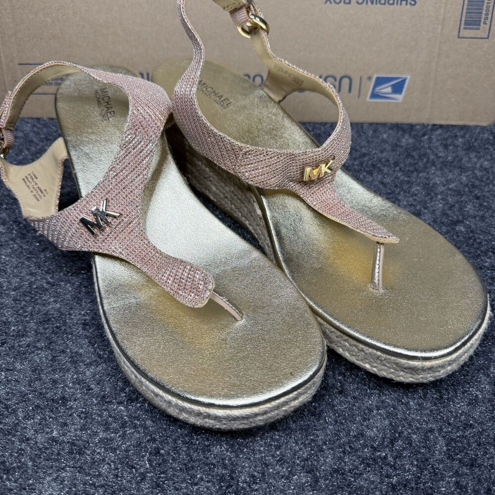 Michael Kors MK Laney Thong Espadrille Rose Gold 11 Wedge Sandals T Strap NEW